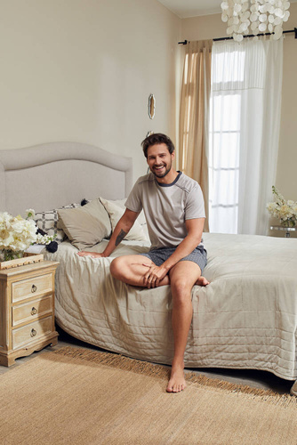 Abel Herren Kurzarm-Pyjama, Shorts Italian Fashion - beige/print