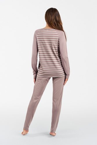 Oda Damen Schlafanzug mit langen Ärmeln, lange Hose Italian Fashion - Cappuccino/Cappuccino Druck 