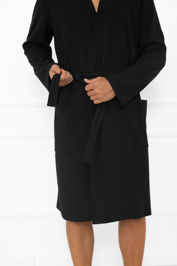 Bono Herren Bademantel Italian Fashion schwarz - mit Gürtel, geprägtes Muster, elegant und bequem