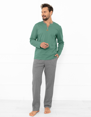 Julius Italian Fashion Herren Schlafanzug Salbei - Baumwolle, Button-Down Hemd