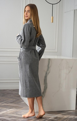 2530 Coco L&L Damenbademantel, grau, lang, Baumwolle, mit rosa Besatz