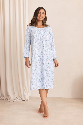 Nachthemd Regina 021 100% Baumwolle Langarm Pflanzliches Muster - blau