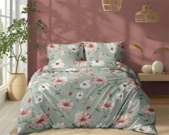 5502 B Mintfarbene Baumwollbettwäsche mit cremefarbenen und rosa Blumen Naturalis – Detexpol
