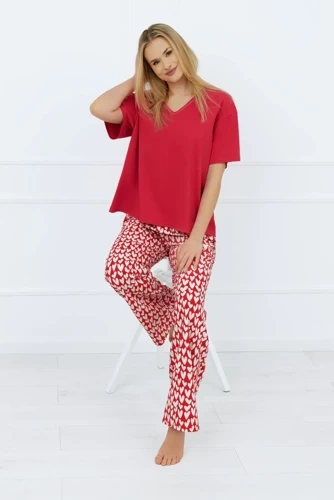 Evora Damen Schlafanzug mit kurzen Ärmeln, lange Hose Italian Fashion - dunkelrot/print