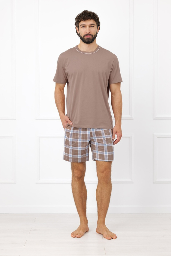 Herren-Pyjama Italian Fashion Dante aus Baumwolle, kurz, Shorts, kariert, mit Taschen – Cappuccino