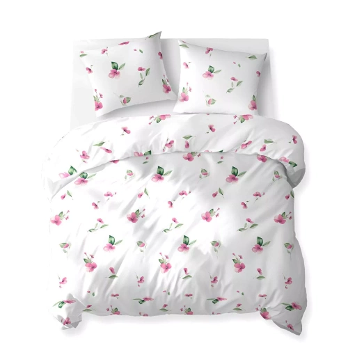 5769 A Cotton Bloom Detexpol weiße Baumwollbettwäsche mit rosa Blüten und grünen Blättern – 100 % Baumwolle, doppelseitig, polnische Produktion