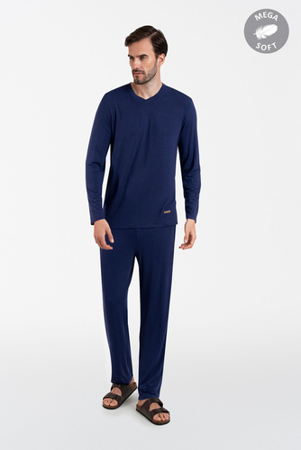 Akord Herren Schlafanzug langarm, lange Hose Italienische Mode - navy blau