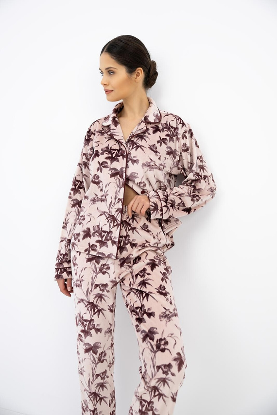 Sensis Thalia Damen Velours-Pyjama mit Knöpfen, lang, rosa