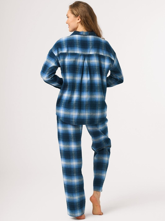 Damen-Pyjama Key LNS 465 blau, Flanell, zum Knöpfen, 100% Baumwolle