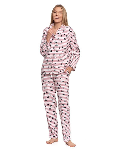 Damenpyjama Moraj PDD6300-002 rosa – Baumwollflanell, gestreift mit Panda-Motiv