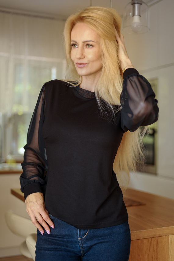 Mirale Freya Damenbluse aus Viskose mit Tüllärmeln und Stehkragen, elegant – schwarz