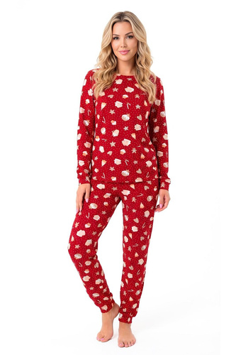 Damen-Pyjama Donna Bear Long rot – warme Baumwoll-Pyjama mit langem Arm