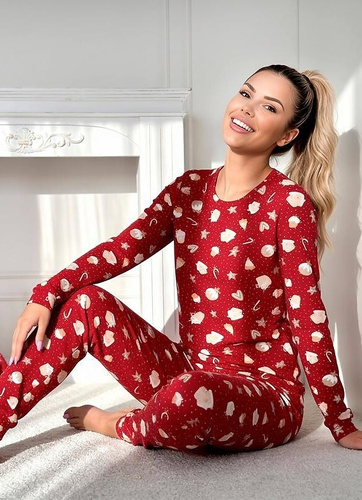 Damen-Pyjama Donna Bear Long rot – warme Baumwoll-Pyjama mit langem Arm