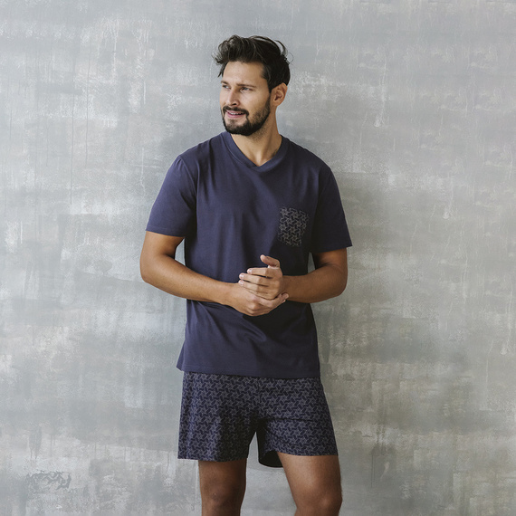 Diaz Herren Schlafanzug mit kurzen Ärmeln, Shorts Italian Fashion - navy blau/print