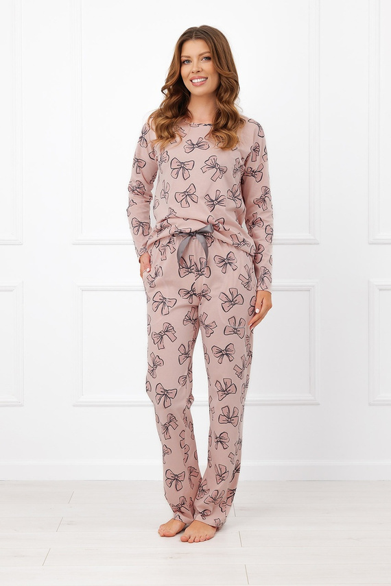 Italian Fashion Silano Damen-Baumwollpyjama lang mit Schleifen und Taschen