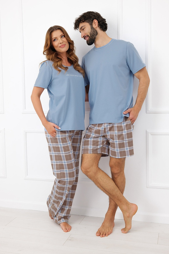 Damenpyjama Italian Fashion Delma 100% Baumwolle Kariert Lange Hose - Stahlfarben