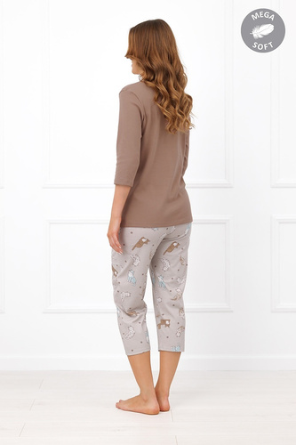 Italian Fashion Filomena Damenpyjama Mega Soft 3/4 mit Katzenmotiv und Taschen