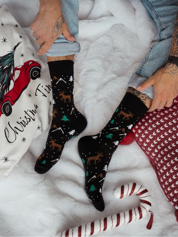1290.034 Milena Rentier- und Weihnachtsbaum-Socken – Herren-Weihnachtssocken, Schwarz