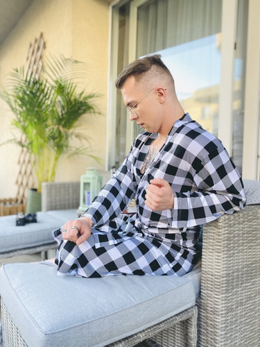 338 Crêpe Morgenmantel De Lafense für Damen und Herren - schwarz/weiß