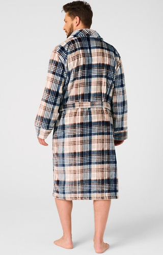 Beigefarbener Herrenbademantel MGL 443 Key – kariert, weich, Schalkragen