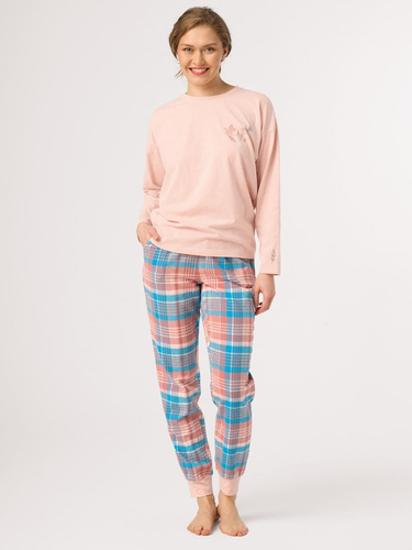 Damen-Pyjama Key LNS 436 pfirsichfarben – aus Baumwolle, lang, Flanell