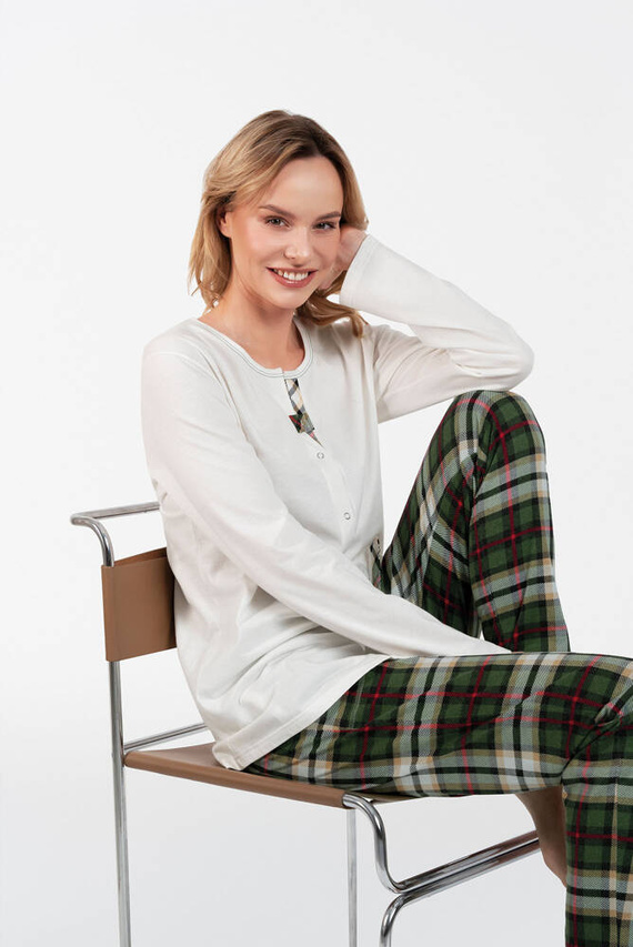 Asama Unbuttoned Ladies' Pyjamas lange Ärmel, lange Hosen Italian Fashion - ecru/print