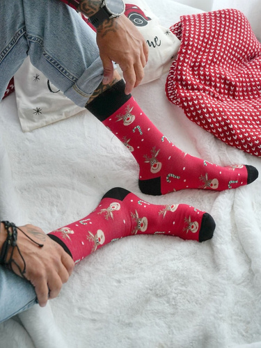 1290-029 Herren-Weihnachtssocken Milena rot 01 – Rentier I Zuckerstangen, Baumwolle