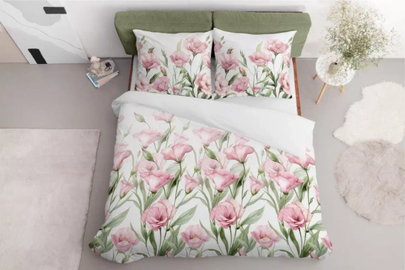 5328 A Satinbettwäsche Rosa Blumen auf weißem Hintergrund Detexpol