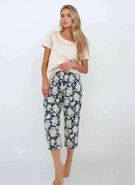 Navy Charm Momenti Per Me Damenpyjama – kurze Ärmel und 7/8-Hose, Baumwolle
