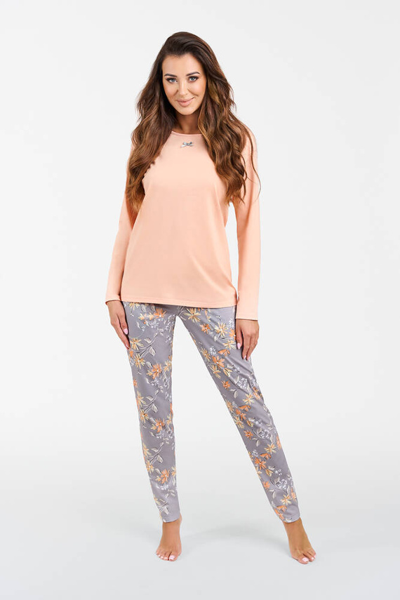 Kasali Damen Schlafanzug mit langen Ärmeln und Hose Italian Fashion - lachs/print