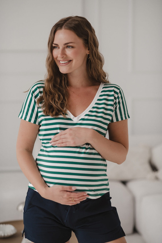 Two Ways Reversible Umstands- und Stillbluse | Kurzarm, bequeme Milk&Love grün-weiß gestreift