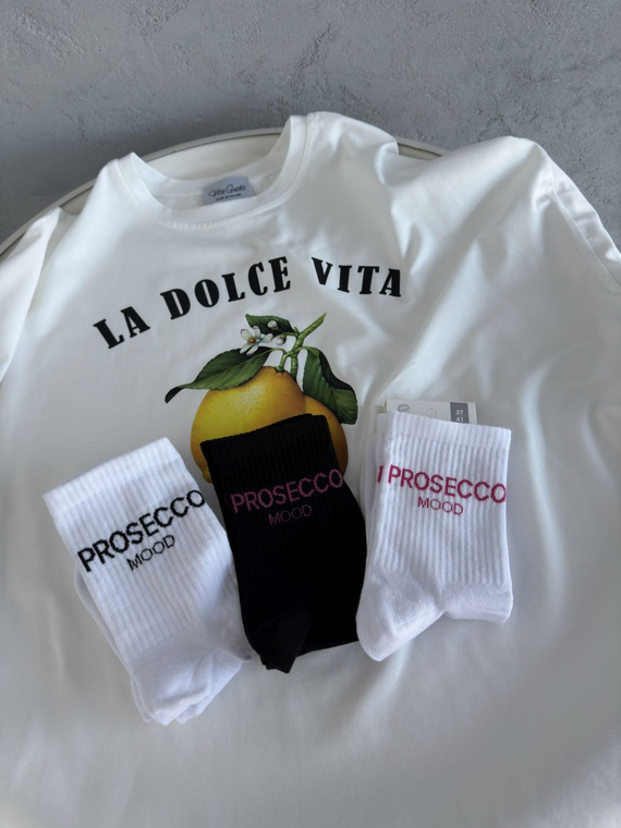 0200-159 Prosecco Milena Damensocken – weiß mit rosa Aufschrift