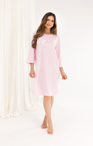 Baumwoll-Nachthemd 167 rosa – 3/4-Ärmel, bedruckt, ausgestellt, oberhalb des Knies