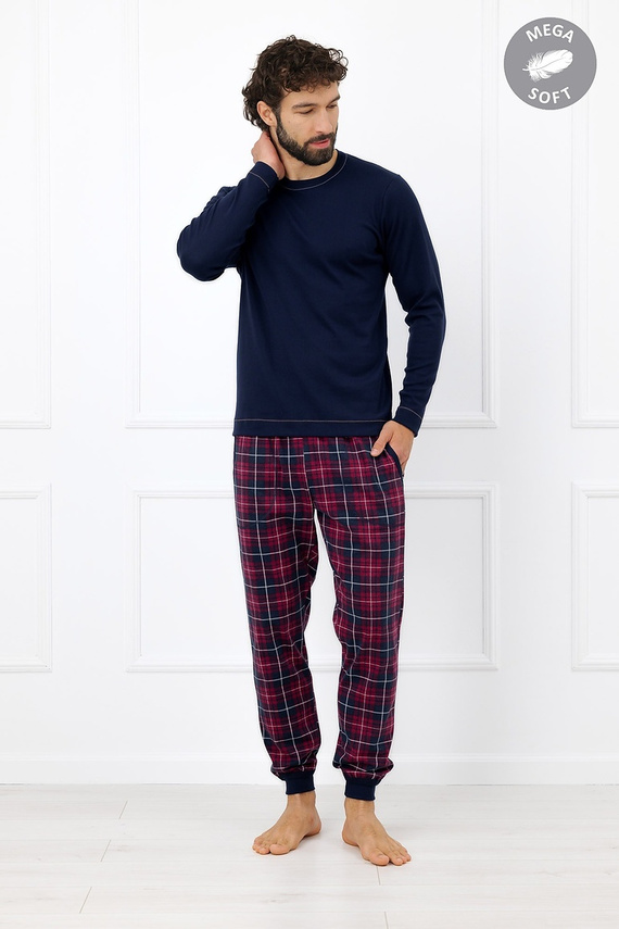 Italian Fashion Brajan Herren-Pyjama Mega Soft, lang, kariert-hose, marineblau