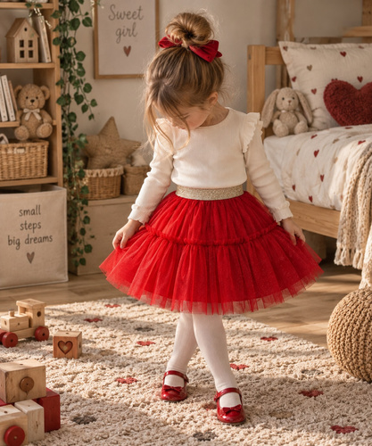 Mädchenrock rot ST115 aus weichem Tüll, metallisierter Bund aus Gummi