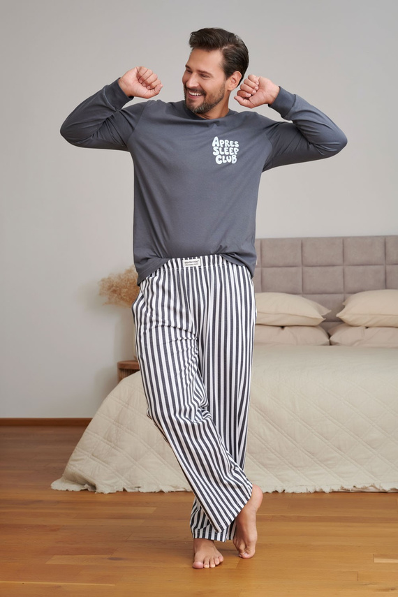 Doctor Nap 7524 Apres Sleep Herren-Pyjama, lang, graphitgrau, 100% Baumwolle