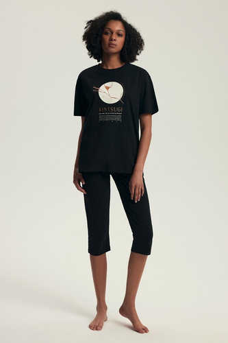 Damenpyjama 43728 Dairoku schwarz – Baumwolle, kurze Ärmel, Fischerhose