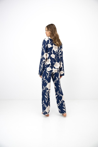 Sensis Vaya Damenpyjama 100% Viskose Dunkelblau mit Blumen und Knöpfen