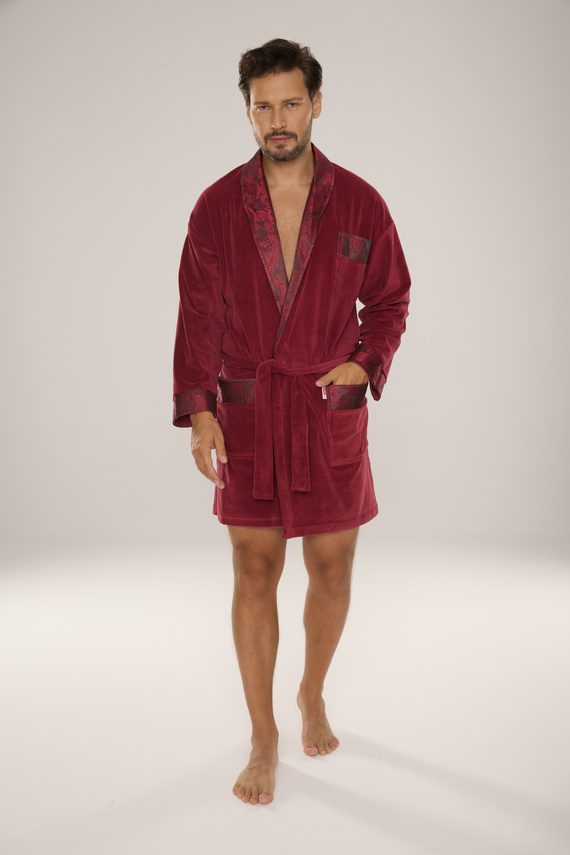866 Noble Men's De Lafense Velours Bademantel - kurz, elegant, Baumwolle - burgunderrot