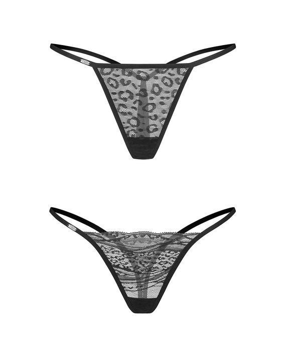 Clara Thong 2er-Pack Obsessive Tanga, schwarz, Spitze, mit Animal-Print