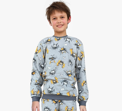 Jungenpyjama Cornette Bat 2 264/182, 263/182 grau – Baumwolle, lange Ärmel, Fledermausmuster