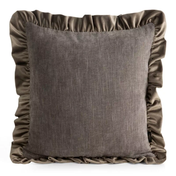 Eurofirany Elvara dekoratives Kissenbezug 45x45 Velours mit Rüsche - Dunkelbeige
