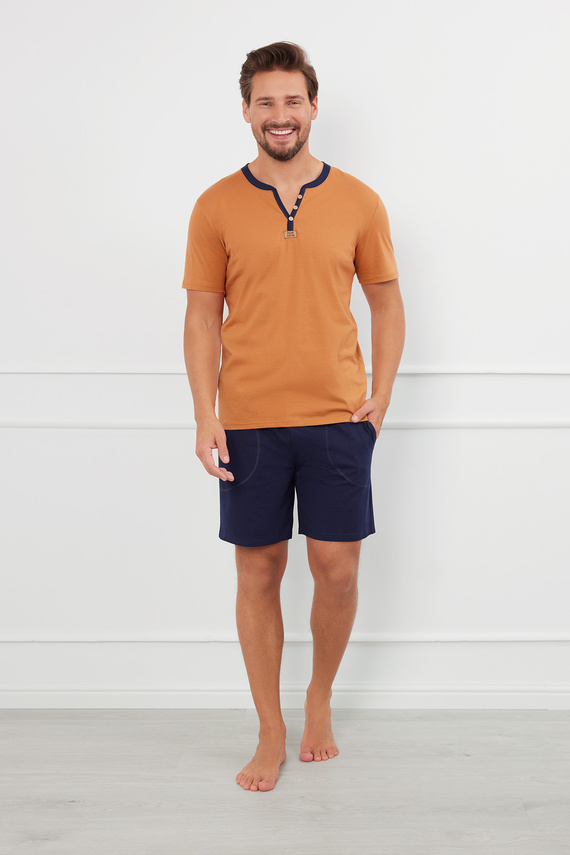 Julius Herren Kurzarm-Pyjama, Shorts Italian Fashion - cognac/grün