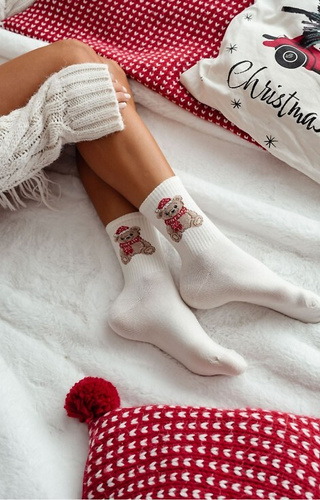 1283-031 Milena ecru Damensocken – Weihnachtsteddybär, Baumwolle