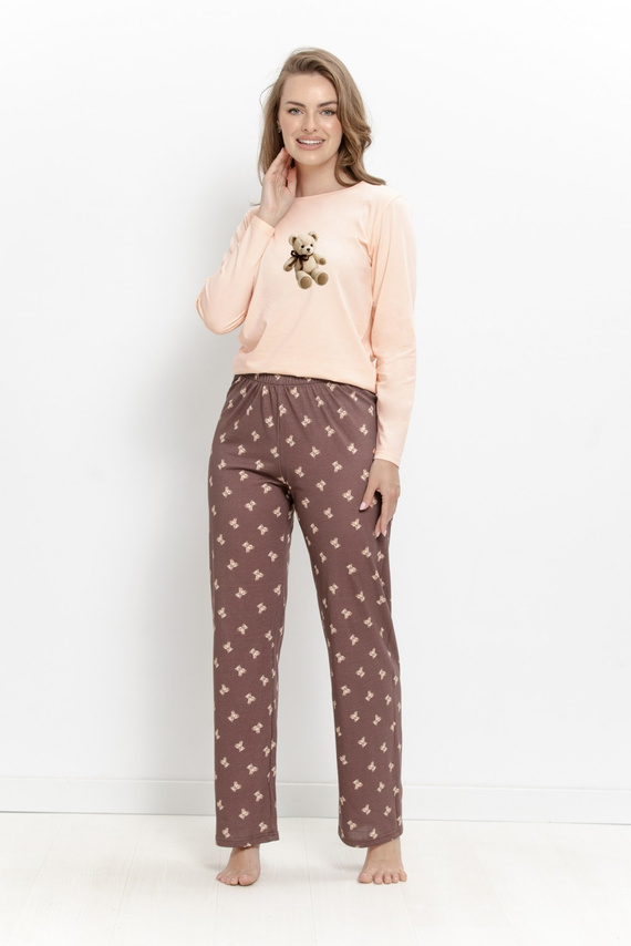 Damen-Pyjama Taro Lumi 3627 aus Baumwolle, lang, pfirsichfarben mit Bärenmotiv