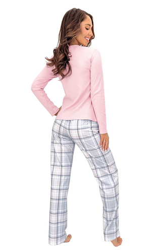 Donna Dani Long rosa Damen-Baumwoll-Pyjama mit Rippenstruktur, Hose kariert