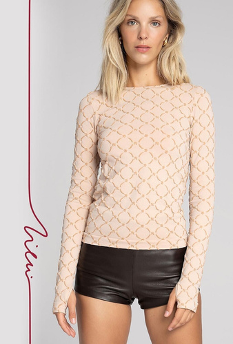 Damenbluse Zień 43154 Seamless Monogram Gatta – schwarze nahtlose Premium-Bluse mit Monogramm, langen Ärmeln und Daumenlöchern