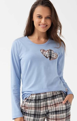 322 Luna blau – Damen-Pyjama aus Baumwolle, Herzen, lange Ärmel, karierte Hose