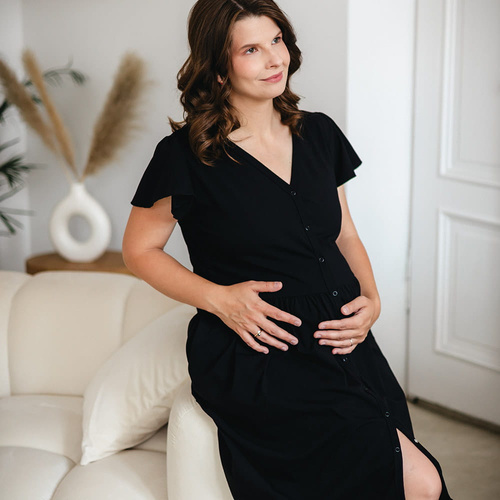 Linda Eevi Umstands-Button-Down-Shirt, schwarz – zum Füttern, flexibel, atmungsaktiv, polnische Qualität