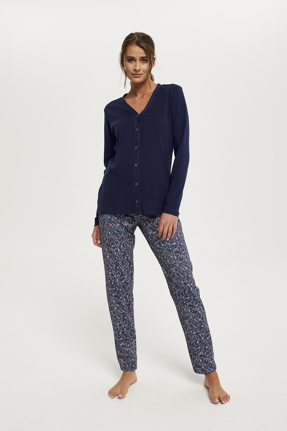 Sajna Damen Schlafanzug lange Ärmel, lange Hose Italian Fashion - navy blau/print